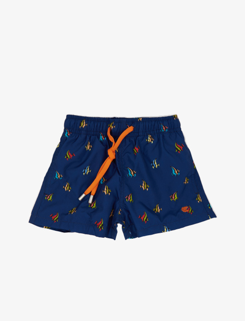 Kid's royal blue polyester swimming shorts with fish pattern - Beachwear | Gallo 1927 - Official Online Shop