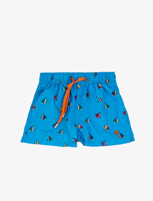 Kid's topaz polyester swimming shorts with fish pattern - Beachwear | Gallo 1927 - Official Online Shop
