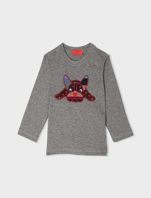 Kids' plain ash-coloured cotton T-shirt with embroidered bulldog - Clothing | Gallo 1927 - Official Online Shop