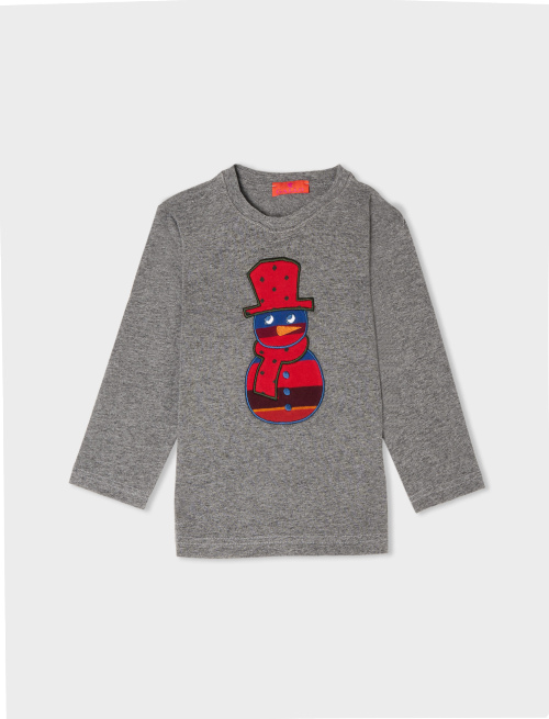 Kids' plain ash-coloured cotton T-shirt with embroidered snowman - Clothing | Gallo 1927 - Official Online Shop