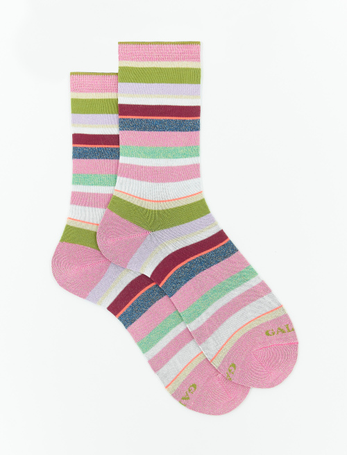 Women's short rose petal cotton socks with multicoloured lurex and neon stripes - The timeless Elegance | Gallo 1927 - Official Online Shop