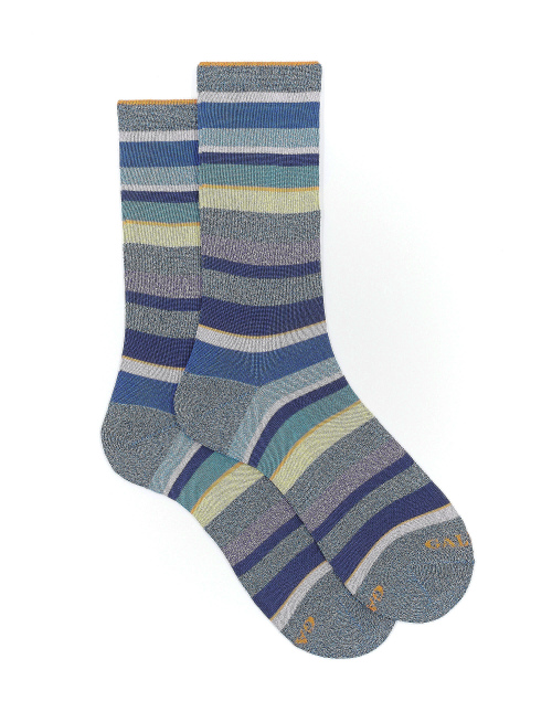 Women's short galaxy blue cotton socks with multicoloured lurex and neon stripes - Multicolor | Gallo 1927 - Official Online Shop