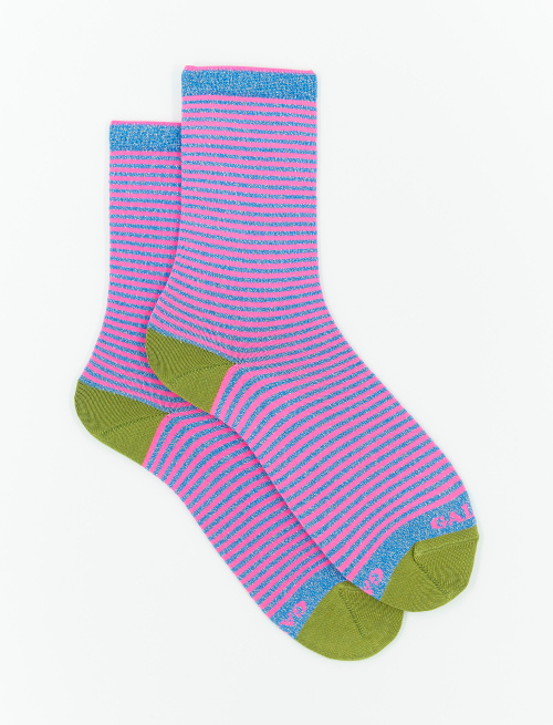 Women's short aegean blue cotton and lurex socks with Windsor stripes - The timeless Elegance | Gallo 1927 - Official Online Shop