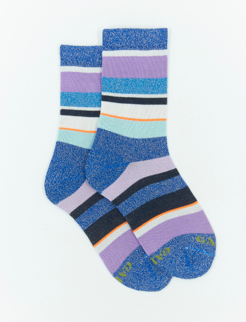Kids' short cobalt blue cotton socks with multicoloured lurex and neon stripes - Short | Gallo 1927 - Official Online Shop
