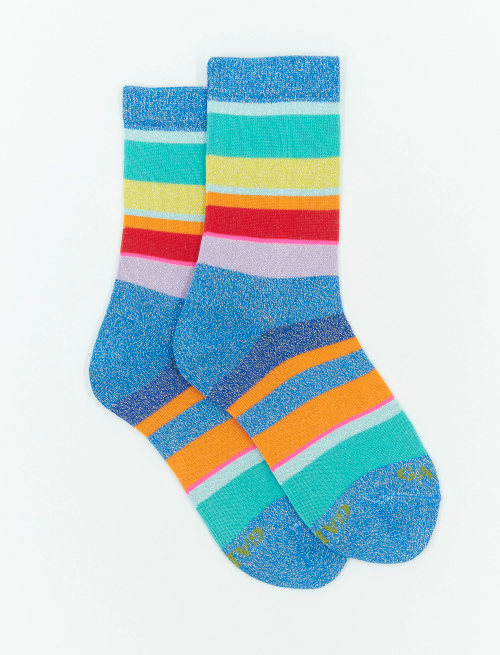 Kids' short aegean blue cotton socks with multicoloured lurex and neon stripes - Short | Gallo 1927 - Official Online Shop