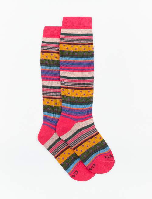 Kids' long ruby red cotton socks with stripes and polka dots | Gallo 1927 - Official Online Shop