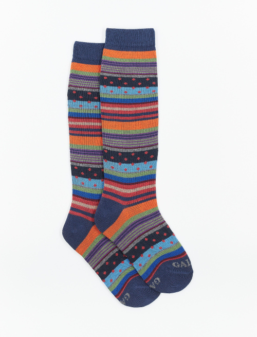 Kids' long royal blue cotton socks with stripes and polka dots | Gallo 1927 - Official Online Shop