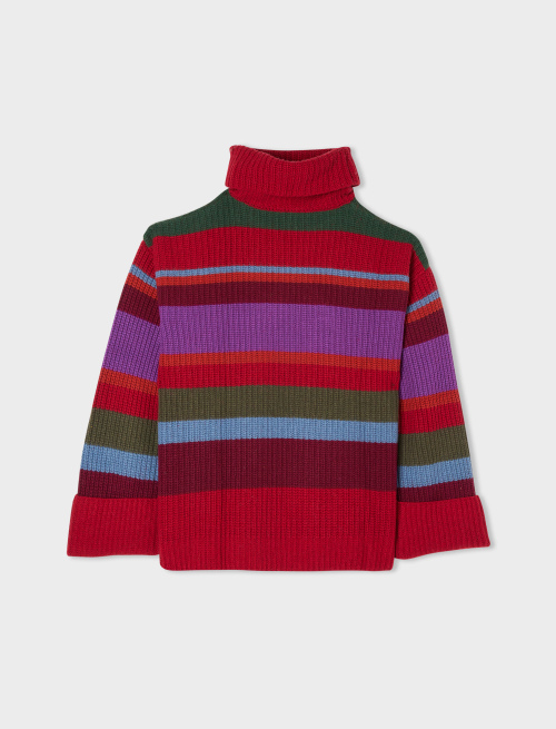 Women's brick red wool, viscose and cashmere turtleneck with multicoloured stripes - Clothing | Gallo 1927 - Official Online Shop
