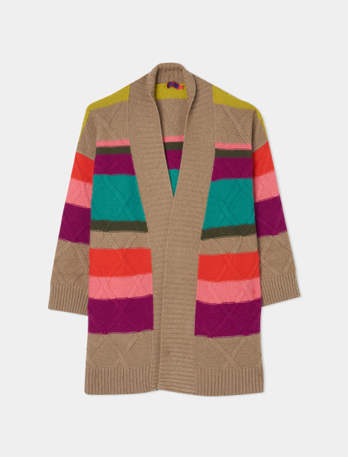 Women's bread beige wool, viscose and cashmere coat with multicoloured stripes - Clothing | Gallo 1927 - Official Online Shop
