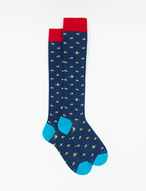 Men's long royal blue ultra-light cotton socks with frog motif - Socks | Gallo 1927 - Official Online Shop