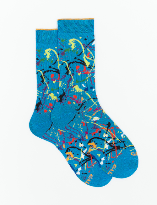 Men's short topaz blue light cotton socks with paint splash motif - The SS Edition | Gallo 1927 - Official Online Shop