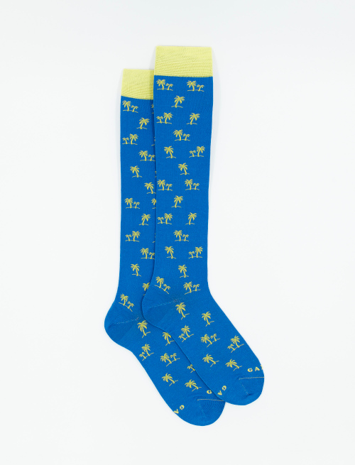 Men's long ultra-light cotton socks with palm tree motif, French blue - New in | Gallo 1927 - Official Online Shop