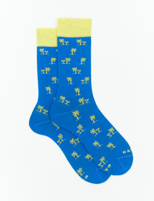 Men's short ultra-light cotton socks with palm tree motif, French blue - Socks | Gallo 1927 - Official Online Shop