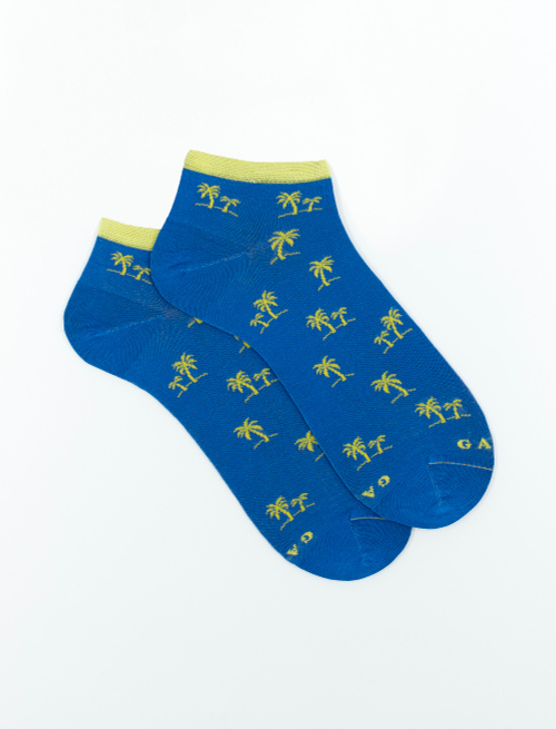 Men's ultra-light cotton ankle socks with palm tree motif, French blue - Invisible | Gallo 1927 - Official Online Shop