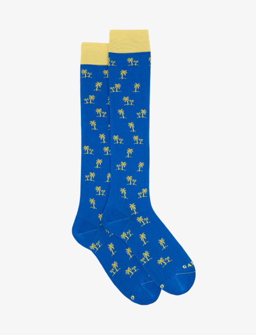 Women's long ultra-light cotton socks with palm tree motif, French blue - New in | Gallo 1927 - Official Online Shop