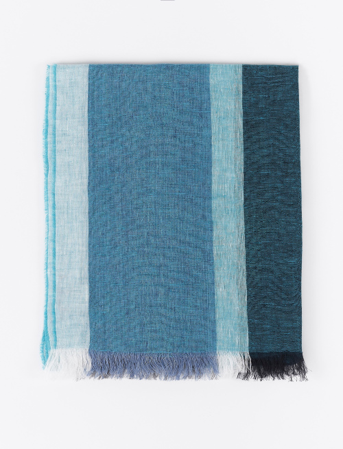 Unisex aquamarine linen scarf with wide vertical bands | Gallo 1927 - Official Online Shop