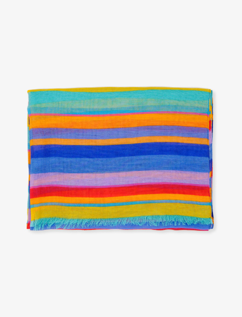 Unisex Aegean blue cotton, viscose and linen scarf with multicoloured stripes | Gallo 1927 - Official Online Shop