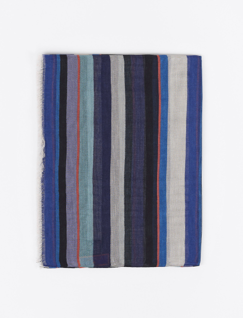 Unisex royal blue cotton, viscose and linen scarf with multicoloured stripes - Scarves | Gallo 1927 - Official Online Shop