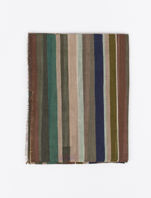 Unisex army green cotton, viscose and linen scarf with multicoloured stripes | Gallo 1927 - Official Online Shop