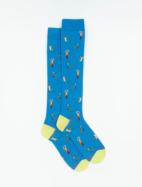Men's long Aegean blue ultra-light cotton socks with cockatoo/toucan motif - Socks | Gallo 1927 - Official Online Shop