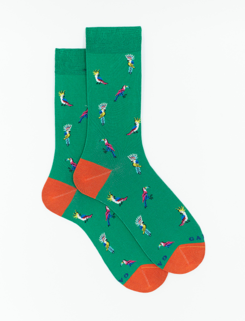 Men's short shamrock green ultra-light cotton socks with cockatoo/toucan motif - The SS Edition | Gallo 1927 - Official Online Shop