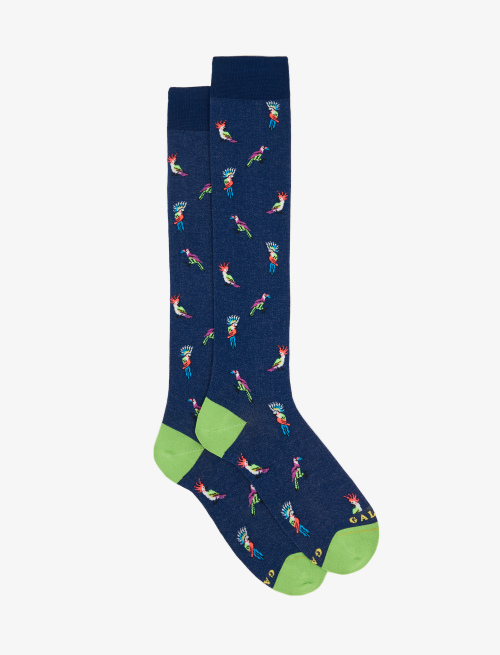 Women's long royal blue ultra-light cotton socks with cockatoo/toucan motif - New in | Gallo 1927 - Official Online Shop