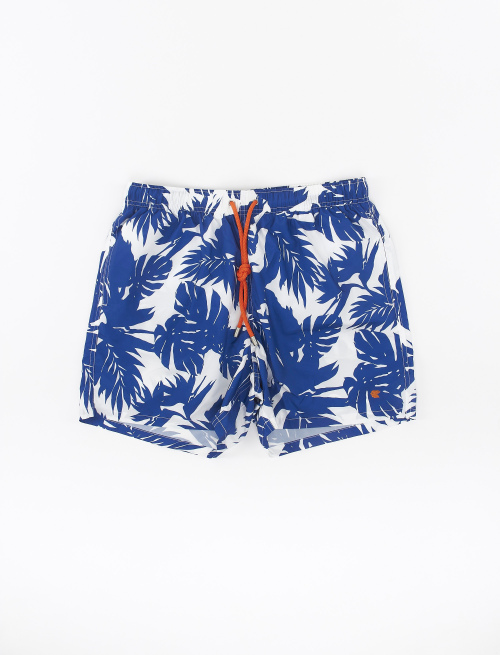 Men's polyester swimming shorts with tropical leaf motif, Prussian blue - The SS Edition | Gallo 1927 - Official Online Shop