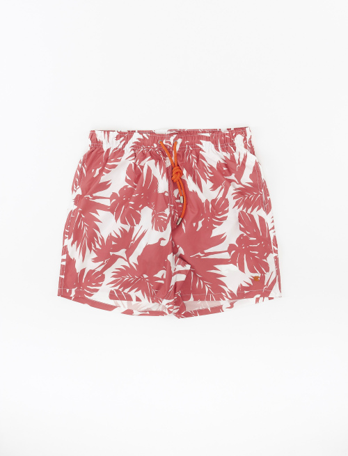 Men's polyester swimming shorts with tropical leaf motif, azalea pink - The SS Edition | Gallo 1927 - Official Online Shop