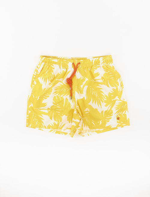 Men's polyester swimming shorts with tropical leaf motif, daffodil yellow - Lifestyle | Gallo 1927 - Official Online Shop