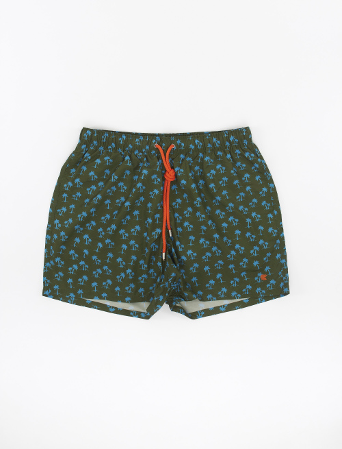 Men's army green polyester swimming shorts with palm tree motif - Beachwear | Gallo 1927 - Official Online Shop
