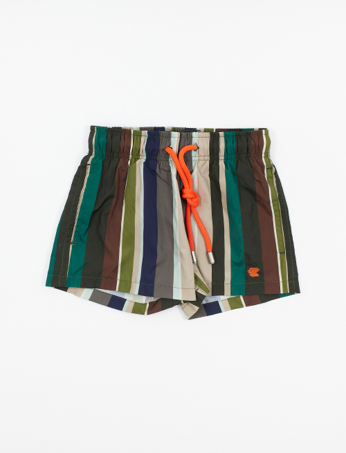 Kids' army green polyester swim shorts with multicoloured stripes - Beachwear | Gallo 1927 - Official Online Shop