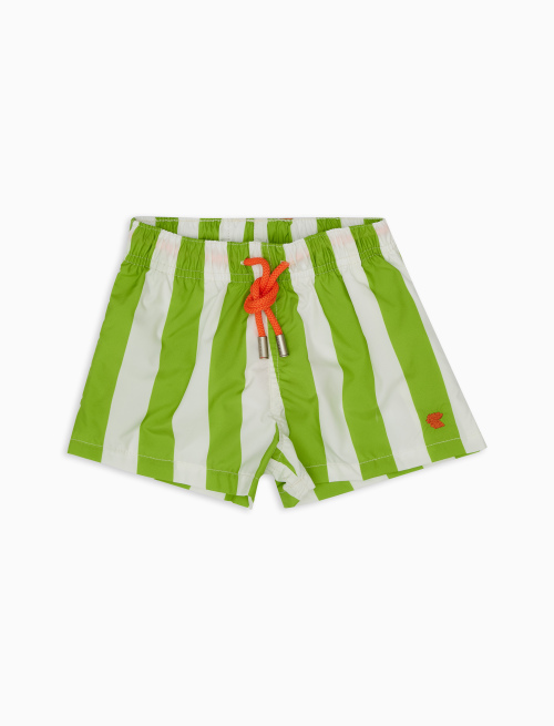 Kids' white/mapo green polyester swimming shorts with two-tone stripes - Beachwear | Gallo 1927 - Official Online Shop