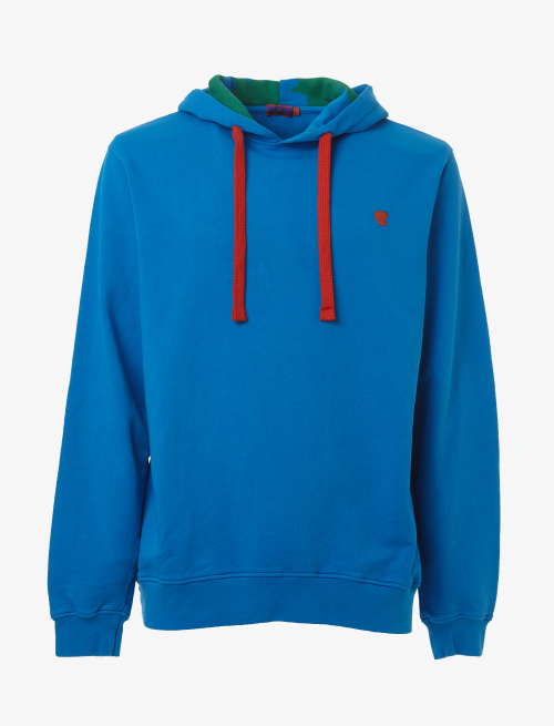 Unisex plain topaz blue cotton hoodie with chicken motif inside the hood - Man | Gallo 1927 - Official Online Shop