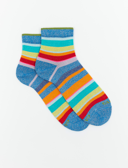 Women's super short cotton and lurex socks with multicoloured stripes, Aegean blue - Super short | Gallo 1927 - Official Online Shop