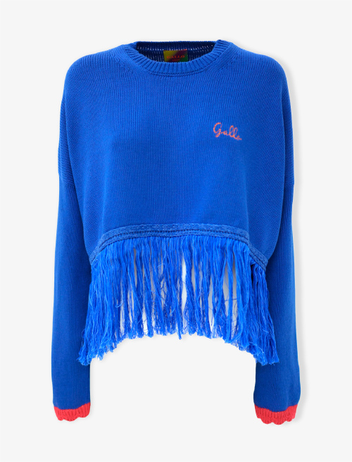 Pull corto con frange donna cotone blu copiativo tinta unita - Abbigliamento | Gallo 1927 - Official Online Shop
