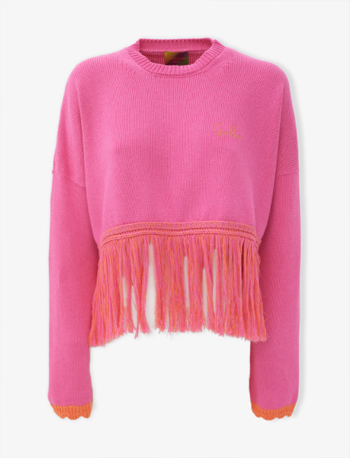 Pull corto con frange donna cotone rosa ibisco tinta unita - Abbigliamento | Gallo 1927 - Official Online Shop