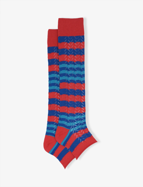 Women's long cherry red cotton socks with coloured stripes and open toe - Perforated | Gallo 1927 - Official Online Shop