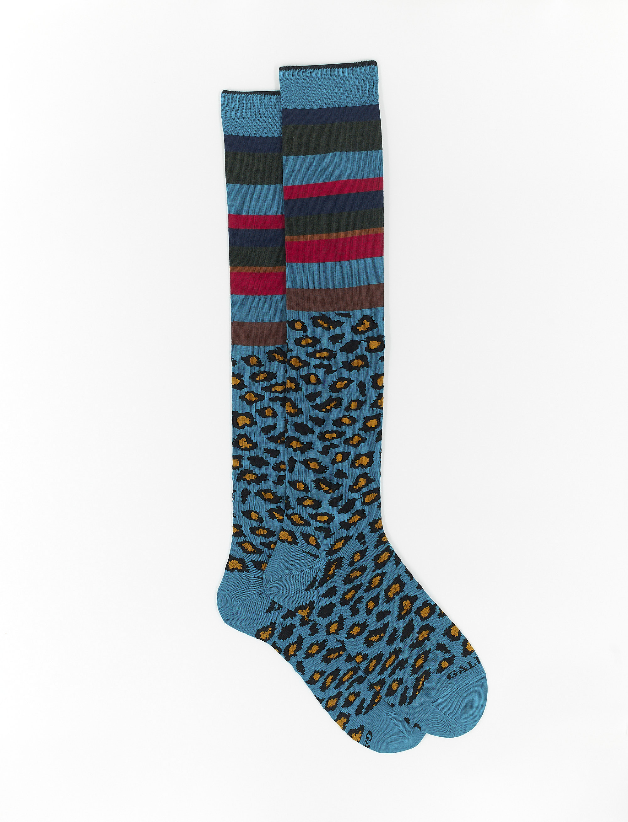 Women's long lagoon blue cotton socks with multicoloured stripes and dotted band - The FW Edition | Gallo 1927 - Official Online Shop