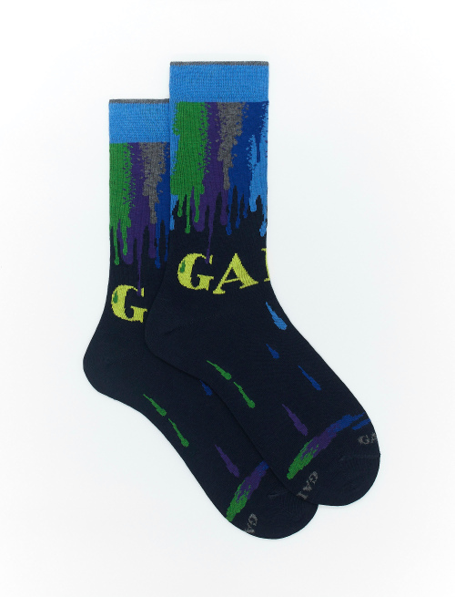 Men's short navy blue cotton socks with paint drip motif - Short | Gallo 1927 - Official Online Shop