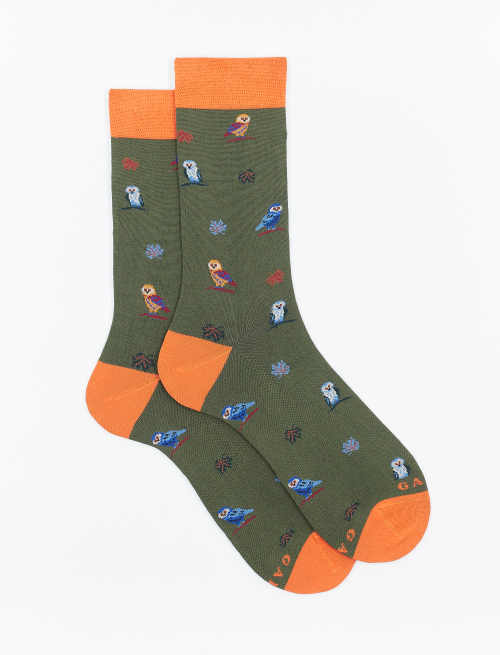 Men's short oak green light cotton socks with owl motif - Short | Gallo 1927 - Official Online Shop