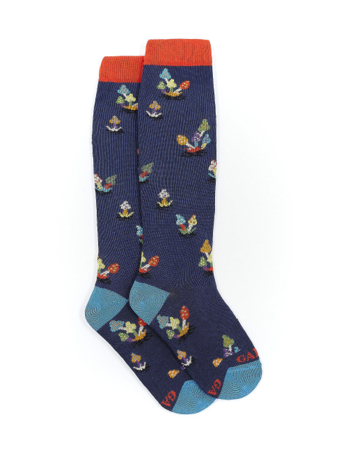 Kids' long royal blue cotton socks with mushroom motif - Socks | Gallo 1927 - Official Online Shop