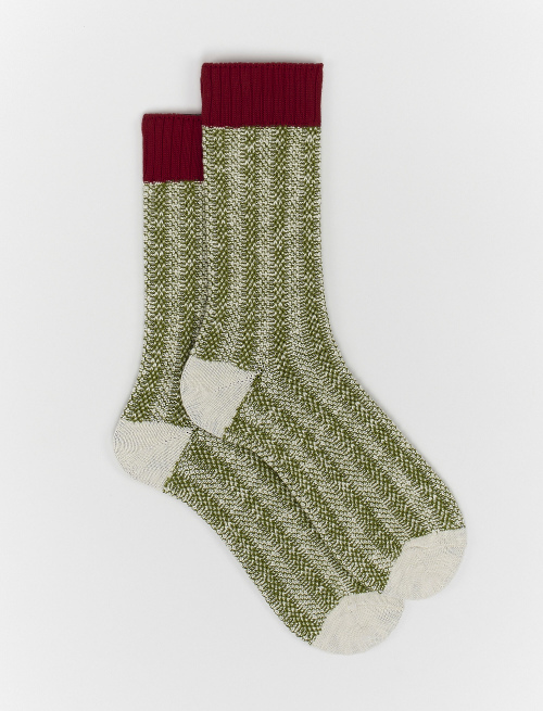 Unisex short olive green cotton socks with vertical-stripe Oxford detail - Green | Gallo 1927 - Official Online Shop