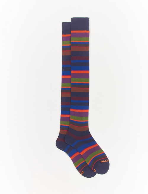 Women's royal blue cotton thigh-high socks with multicoloured stripes - Parisian | Gallo 1927 - Official Online Shop