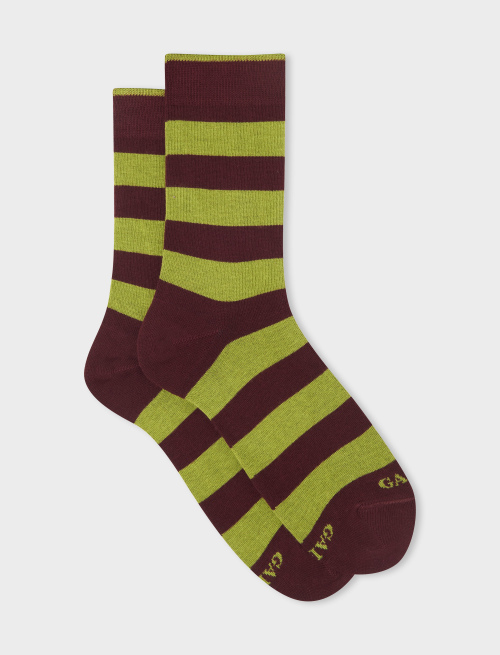 Women's short burgundy cotton socks with two-tone stripes - Bicolor | Gallo 1927 - Official Online Shop