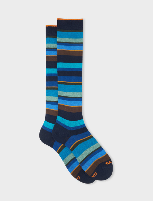 Women's long navy/wood brown cotton socks with multicoloured stripes | Gallo 1927 - Official Online Shop