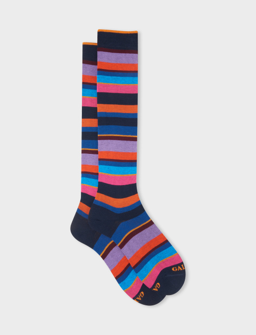 Women's long navy/copper cotton socks with multicoloured stripes | Gallo 1927 - Official Online Shop