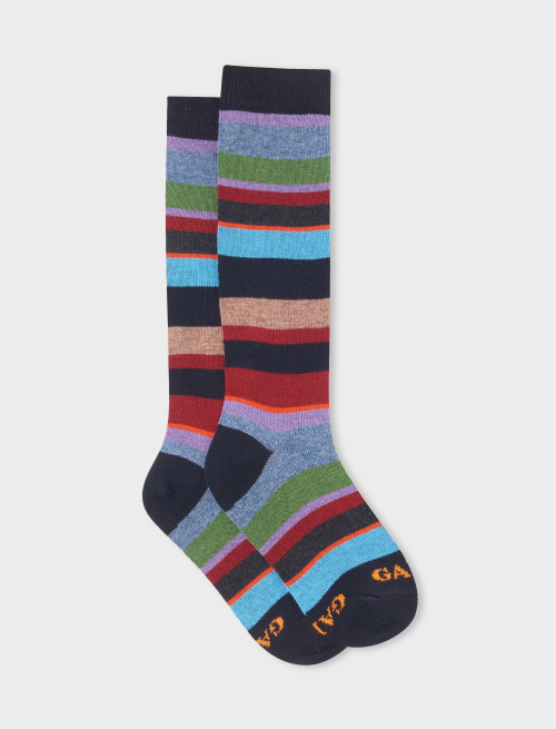 Kids' long blue/iris cotton socks with multicoloured stripes - Long | Gallo 1927 - Official Online Shop