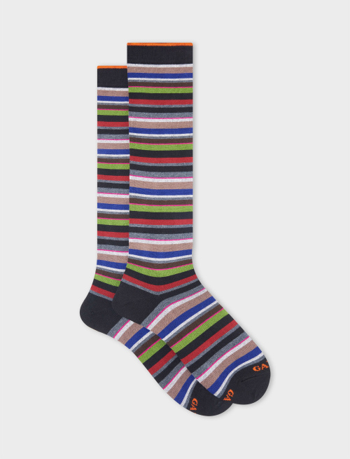 Men's long black cotton and cashmere socks with multicoloured micro stripes | Gallo 1927 - Official Online Shop