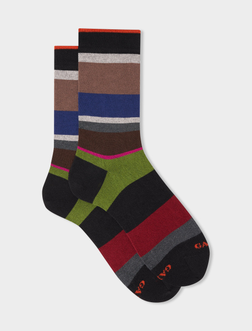 Men's short black cotton and cashmere socks with multicoloured macro stripes - Man | Gallo 1927 - Official Online Shop