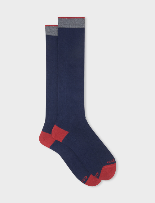 Men's long plain navy cotton and cashmere socks with contrasting details | Gallo 1927 - Official Online Shop